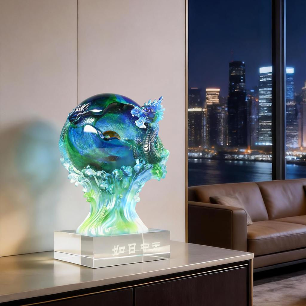 Aris & Juno Dragon LIULI Statue, Rising Sun Success Decor, Traditional Feng Shui Home Office