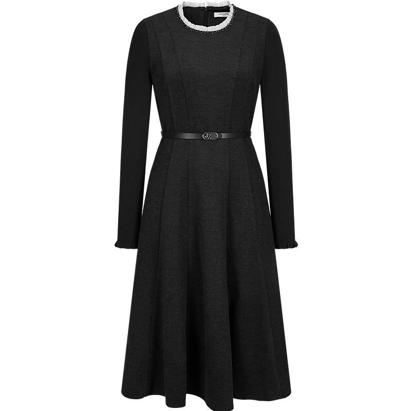 Jiuzi Annaco Elegant Lace-Collar Waist-Cinching Knitted Dress L
