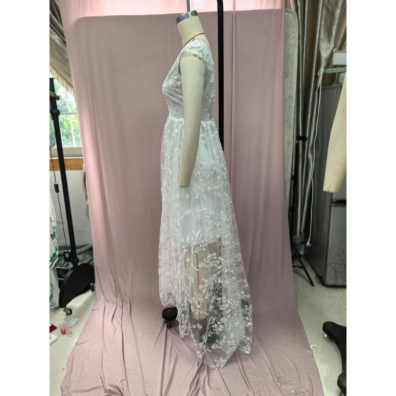 Women White 3D Floral Lace Deep V Sheer Tulle A Line Wedding Dress Spring Elegant Bridal Train Maxi Gown Formal Wedding Guest Evening Party Dress