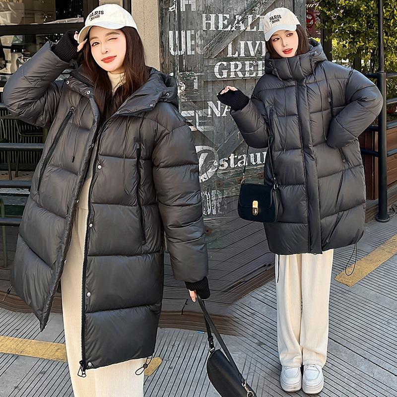 New loose hooded medium and long glossy leave-in cotton-padded clothes women's thickened cotton jacket jacket trendy