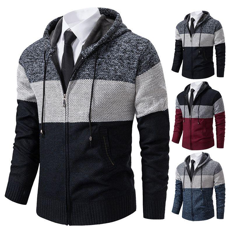Men's Fashion Solid Color Hooded Pullover Sweater Cardigan Autumn Winter Fleece Thick Warm Coat Casual Sports Sweater