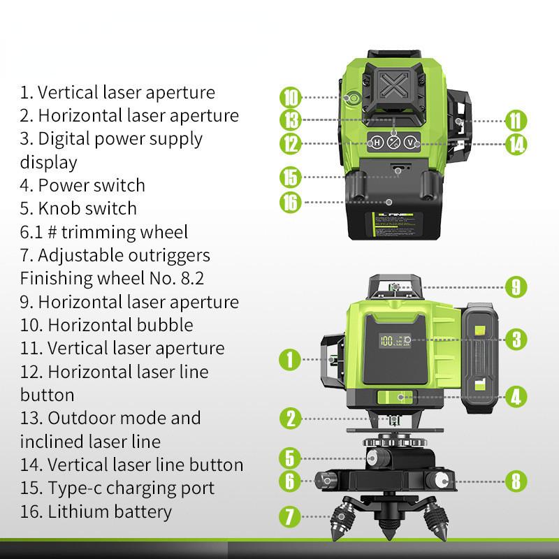 4D 12/16 Line Green Light Laser Level  Automatic Self Leveling Laser Projector 360° Horizontal Vertical Cross Measure Tool