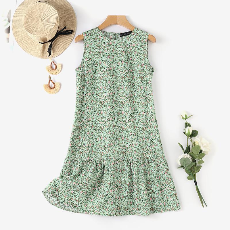 

ZANZEA Женское платье без рукавов с круглым вырезом, праздничное, с цветочным принтом, с оборкой по подолу 4XL зелёный