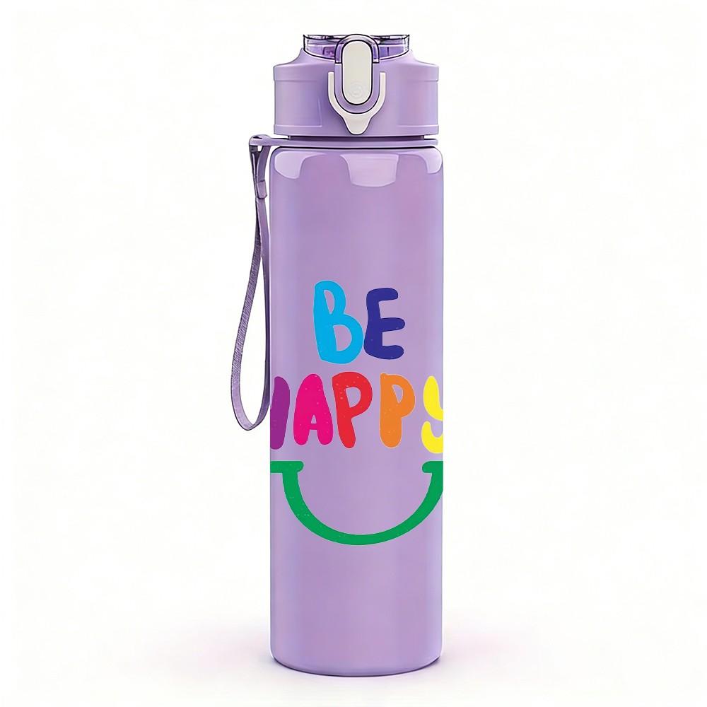 1PC Be Happy Rainbow Bright Slogan Lettering 750ml Color Plastic Sports Water Bottle Leakproof Flip Straw Lid Suitable for Sports Office Home Use