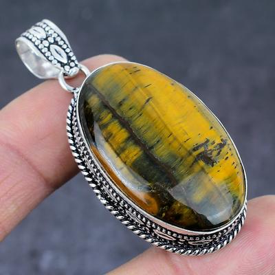 Natural Tiger Eye Gemstone Handmade 925 Sterling Silver Pendant 2.25" O1u77