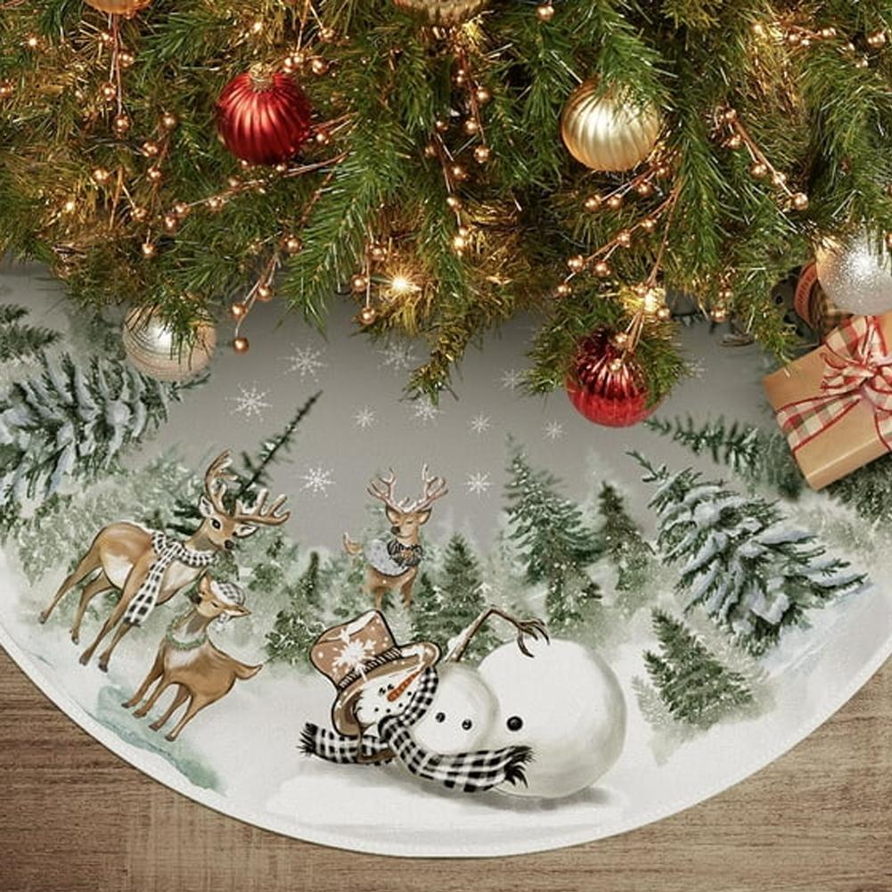 120CM Christmas Tree Skirt Decorations Snowman Large Size Reindeer Fabric Snowflake Pattern Holiday Home Decor Party Gift Pad