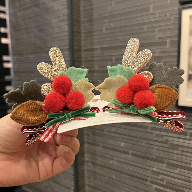 Children's Cute Christmas Antler Hair Clip with Pompon and Bow - Autumn/Winter Accessory