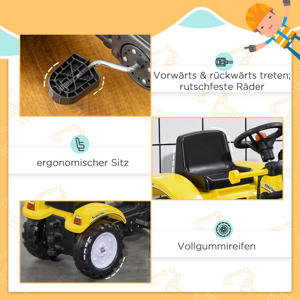 Children's Wheel Loader, Movable Shovel, Horn, Pedal Drive, Ages 3+, Metal Frame, Yellow, 114 X 41 X 52 Cm