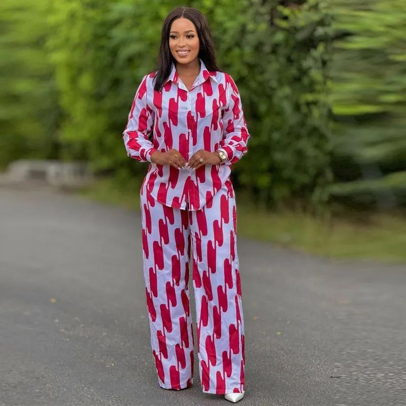African Fashion Stripe Printed Two Piece Set Women Spring Autumn Casual Button Long Sleeved Shirt Wide Leg Pants Set