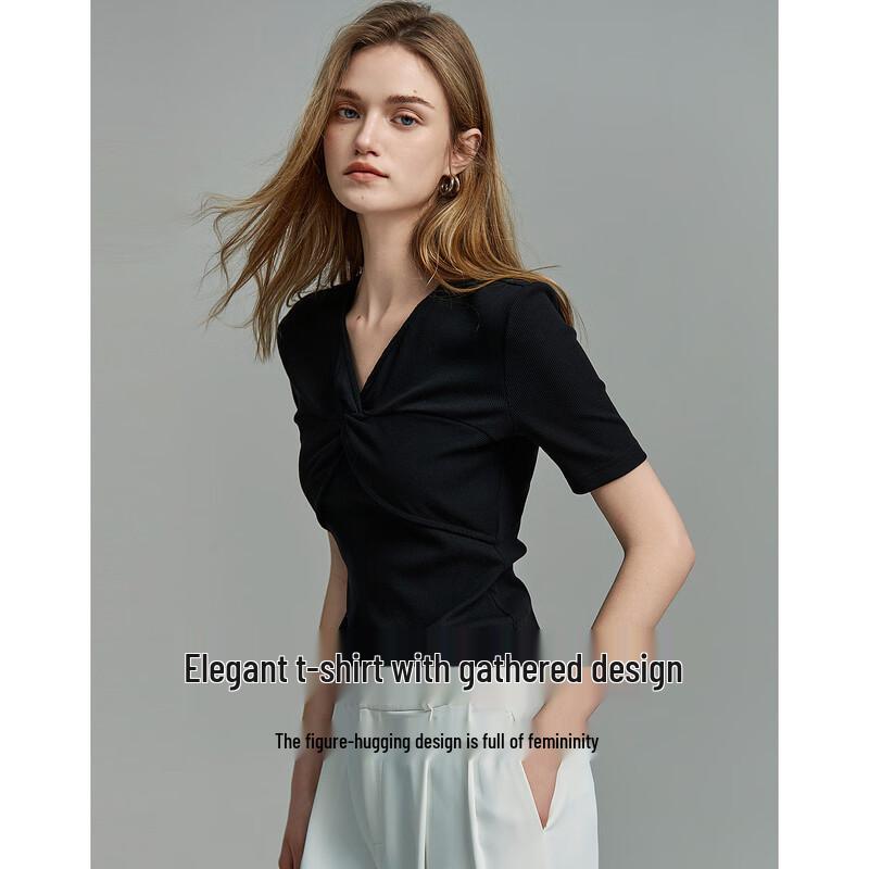 Demana Women s V-neck Pleated Short Sleeve T-shirt S