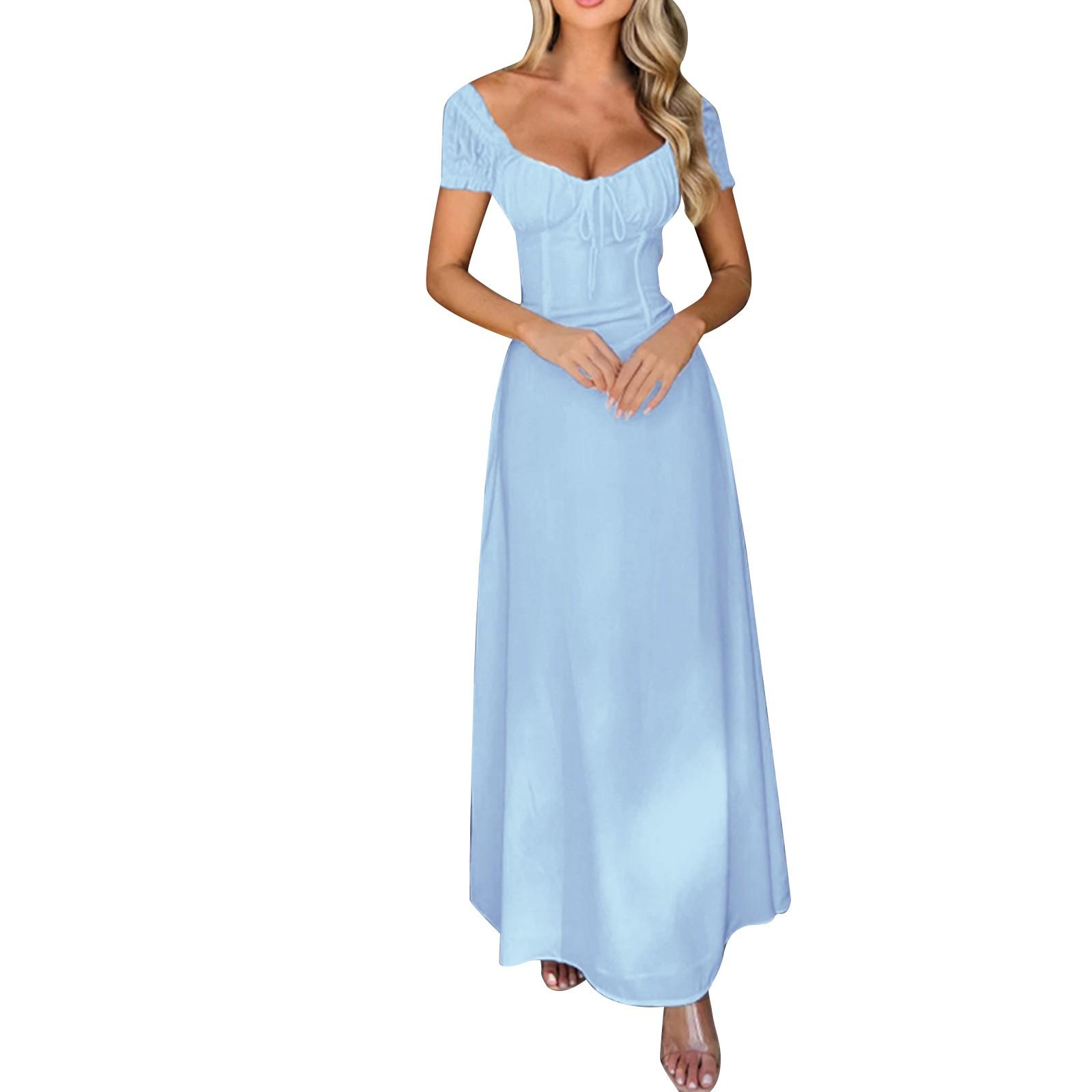 Women s Dresses Elegant Color Summer Temperament Tie Drawstring Bubble Sleeve French Dresses S