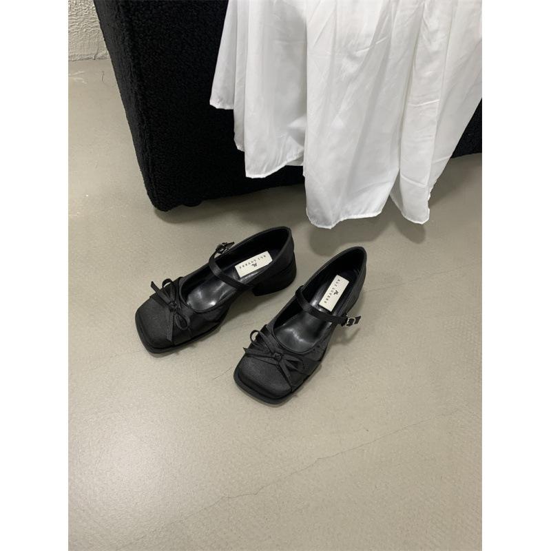 AL Small Fragrant Style Satin Bow Thick Heel Mary Jane Shoes Women's Evening Shoes Spring Light Mouth Medium Heel Single Shoes Small Leather Shoes