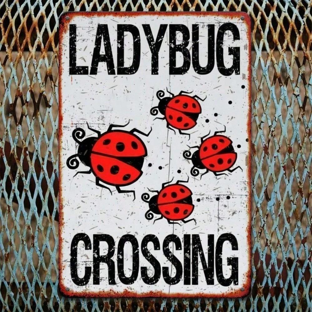 Vintage Ladybug Metal Tin Sign 8x12 Inch Distressed Red Black Wall Art Rustic Iron Decor Pre-Drilled Holes