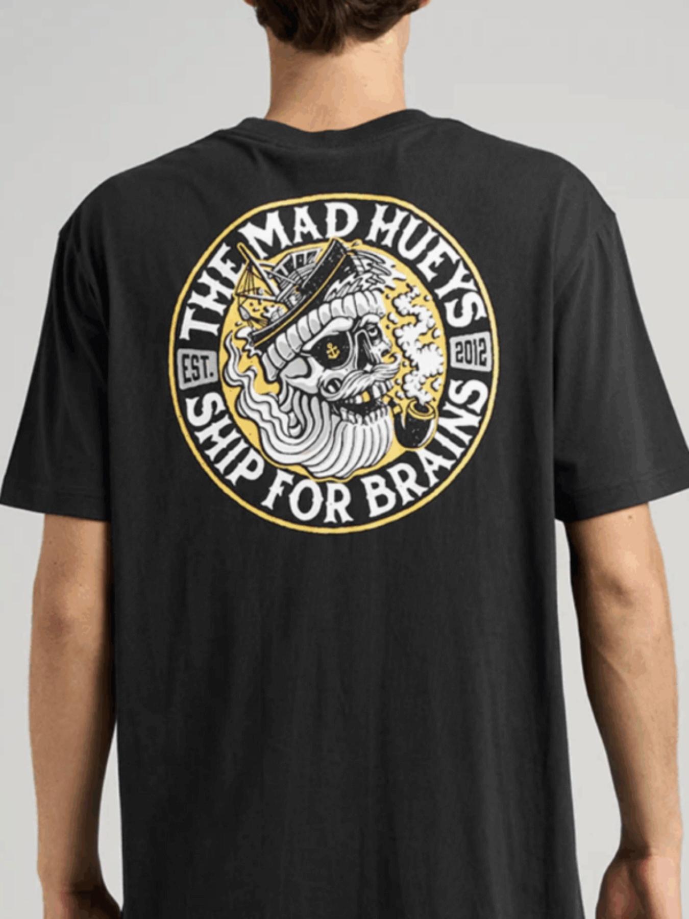 Men S Mad Hueys Ship Brains Graphic Tee - Featuring a Skull And Treasure Chest Design XS