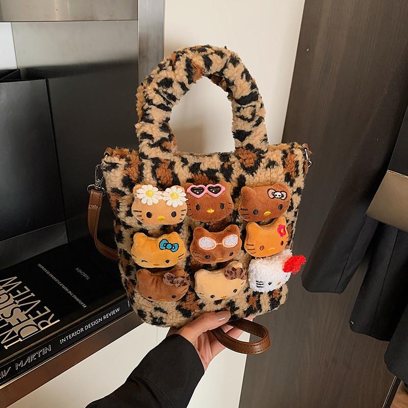 Hello Kitty Plush Black Cat Handbag With Leopard Print And Magnetic Closure For Daily Use
