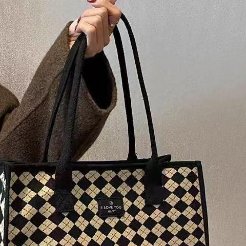 Canvas Bag Bag Women's Outing Large Capacity Plaid Versatile One-shoulder Student Tote Bag Tote Changing Bag