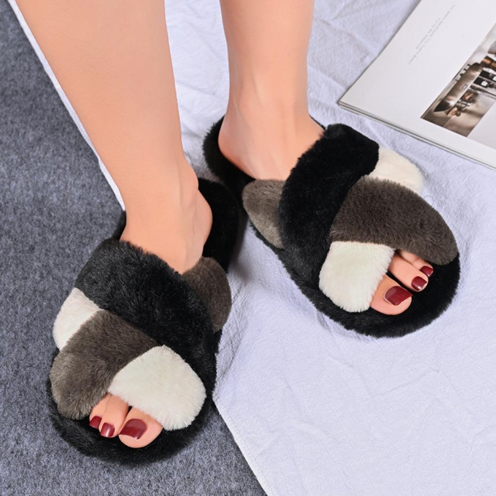Fashion Cross Warm Fluffy Slippers Women Lightweight Flat Heels Slides Woman Autumn Winter Open Toe Comfortable Home Slippers