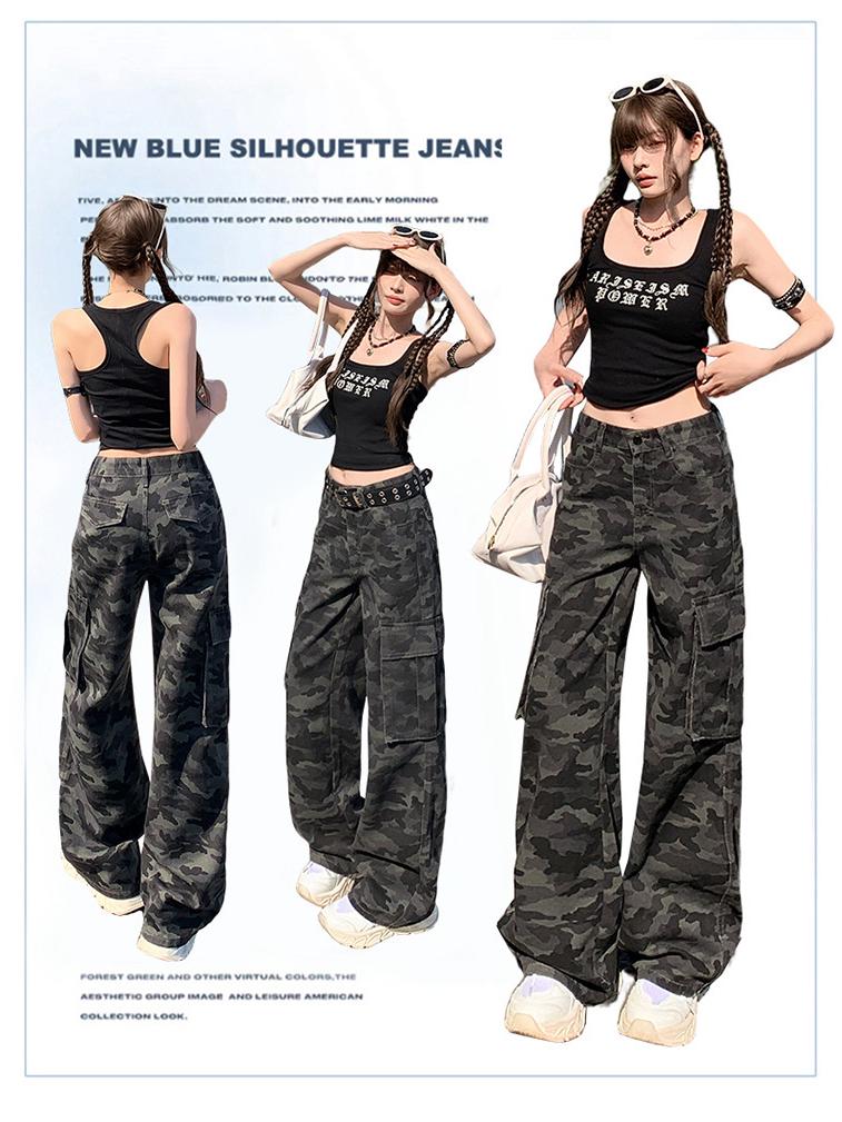 Women's 1926 American Style Camouflage High Waist Wide Leg Denim Work Pants