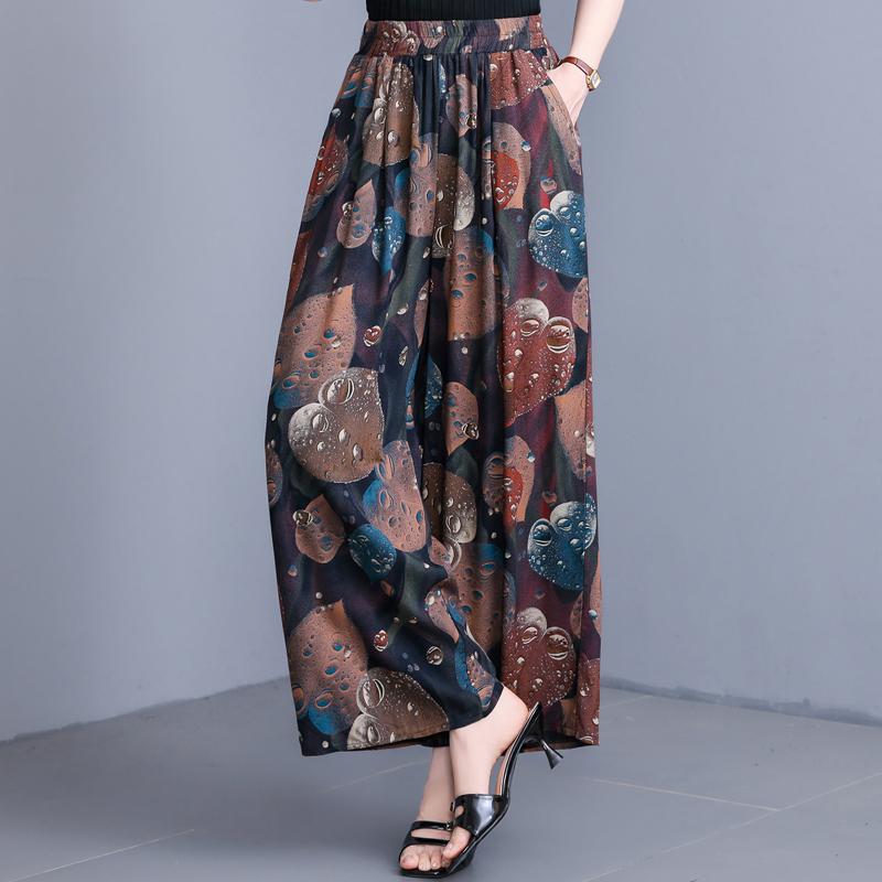 Women's Plus Size Cotton Silk Printed Wide Leg Pants, Elastic Waist Casual Summer Trousers (XL-5XL)