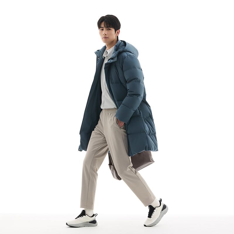 Anta Three-Layer Quick Warmth Four-Defense Technology Duck Down Mid-Length Hooded Down Jacket Men Outerwear Midnight-Gray 952447909-1