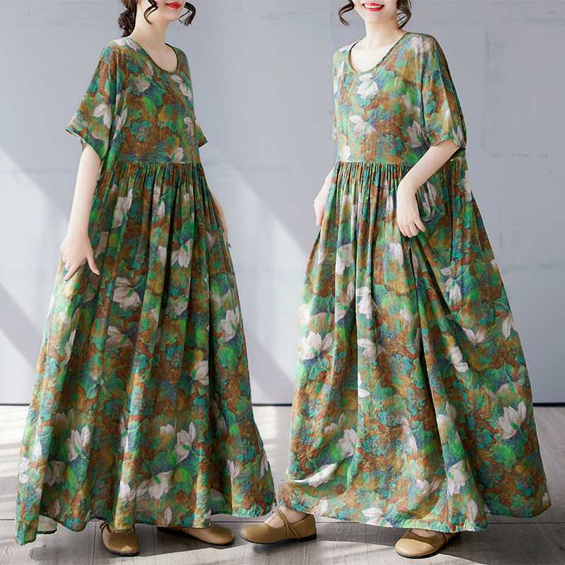 Fashionable Long Skirt Summer Short Sleeved Round Neck Printed Dress