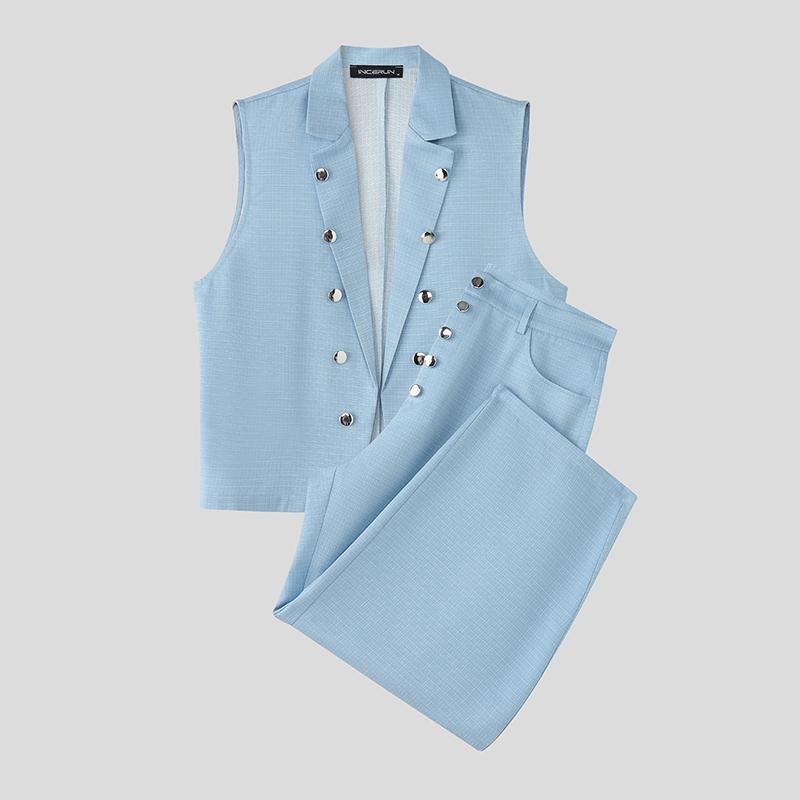 

INCERUN 2PCS Two Pieces Men Sleeveless Texture Cropped Waistcoat and Long Straight Pants Sets 3XL синий