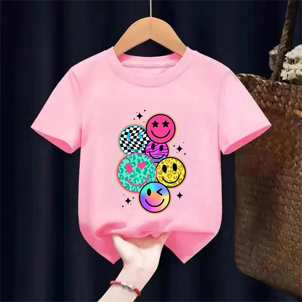 Kids Cartoon Smiley Face Print Short-sleeved T-shirt Casual and Versatile Style Suitable for Children's Outings and Daily Wear