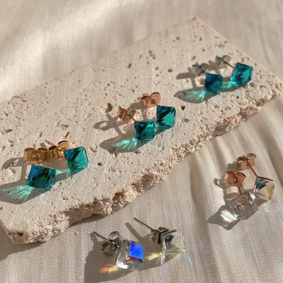 Shiny Color Crystal Small Square Bead Earrings Sea Blue Sugar Cube Titanium Steel Earrings Earrings Light Luxury
