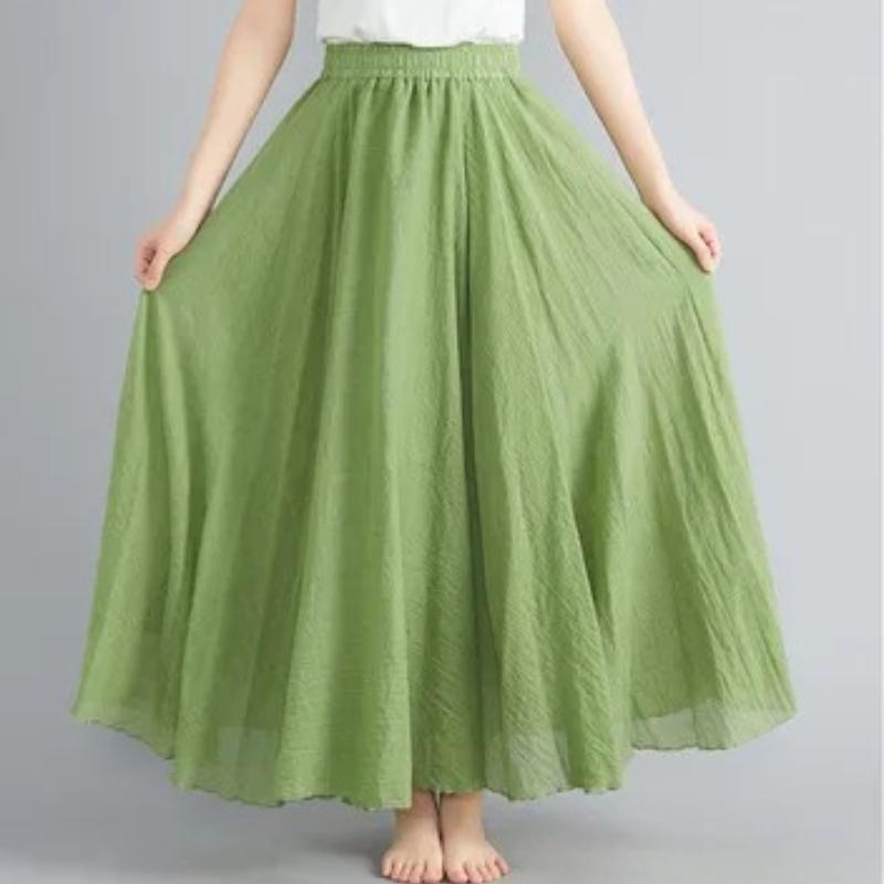Women Linen Cotton Long Skirts Elastic Waist Pleated Maxi Skirts Beach Boho Vintage Summer Skirts Faldas Saia