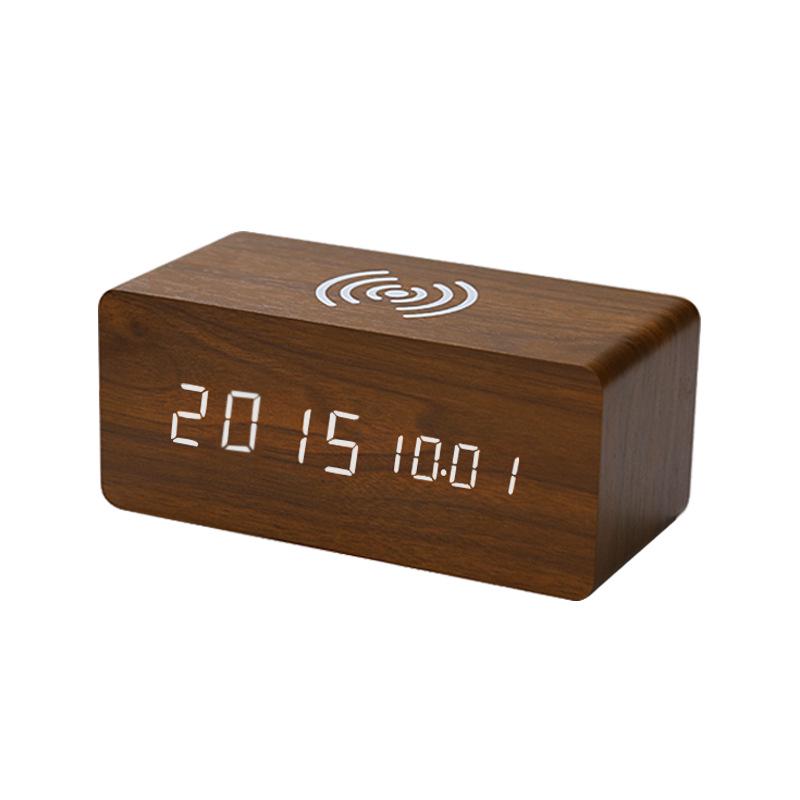Smart Wooden Desk Clock with Wireless Charging, LED Display, Voice Control, and Silent Alarm