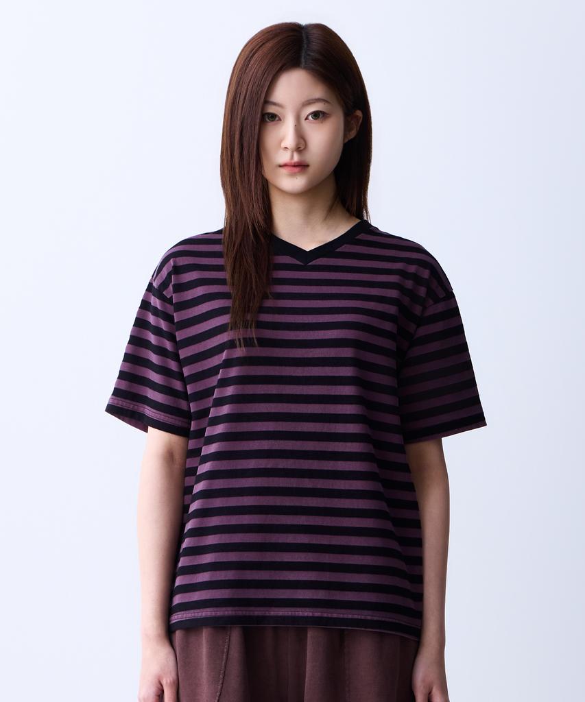 ADERNM Summer Daily Big Stripe Crop V-Neck T-Shirt Purple