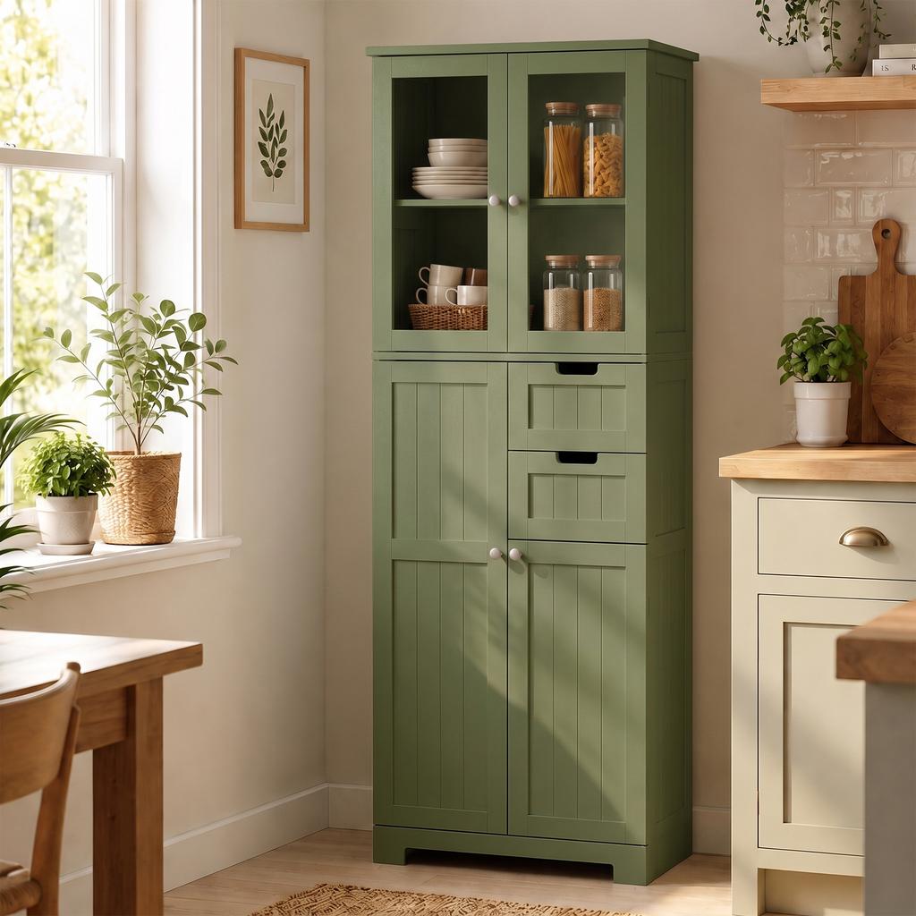 Tall Storage Unit, Cabinet with Glass Doors and Adjustable Shelves, Green