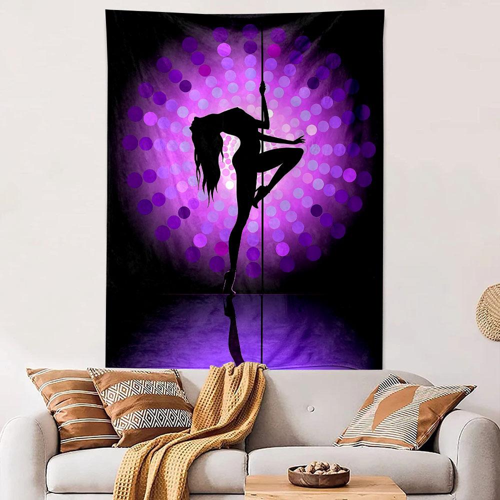 Silhouette of a dancing figure with colorful radial dot patterns. Patterned tapestry for bedroom and living room home decor
