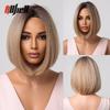 Synthetic Bob Hair Wig with Bangs Ombre Platinum Blonde Cosplay Wigs for Women Short Heat Resistant Female Daily Lolita Wavy Wig