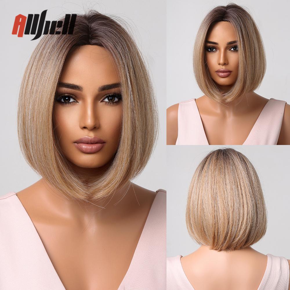 Synthetic Bob Hair Wig with Bangs Ombre Platinum Blonde Cosplay Wigs for Women Short Heat Resistant Female Daily Lolita Wavy Wig