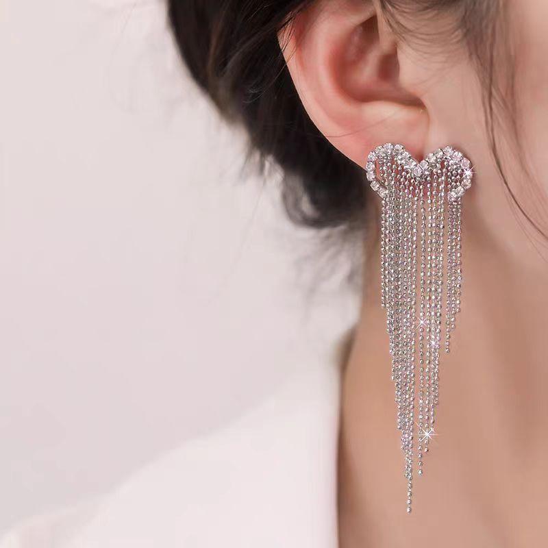 Silver Needle Diamond Love Fringed Earrings Women, Fashion Light Luxury Face Skinny Long Earrings Earrings
