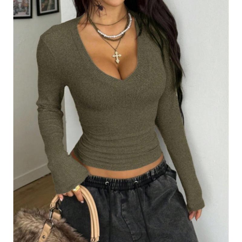 Women S Ribbed Knit V Neck Blouse Slim Fit Long Sleeve Top Fashion Elegant Casual Crop Sweater Autumn Winter Simple Knitwear Sweaters