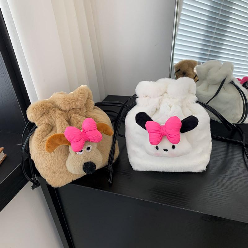 Plush Dog Cartoon Water Bucket Bag With Drawstring Closure For Daily Use