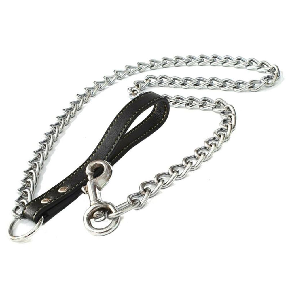 Metal Chain Dog With Leather Style Handle Strong Control Leash Dogs Leash For Walking Pet Products Collars, Harnesses Leads