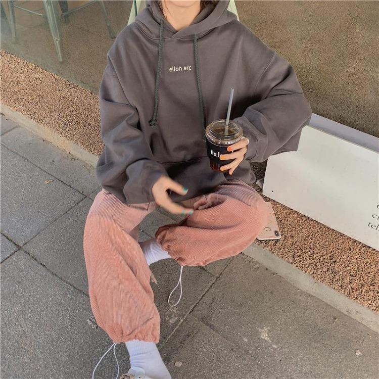 Autumn Winter Velvet Hooded Oversized Hoodie Women Loose Top Letter Print for Student Ladies