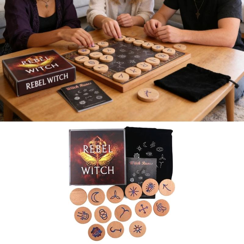 Hand Carved Wooden Runes Symbols Set Divination Runes Stone with Instruction and Storage Bag Heal Gift Decoration