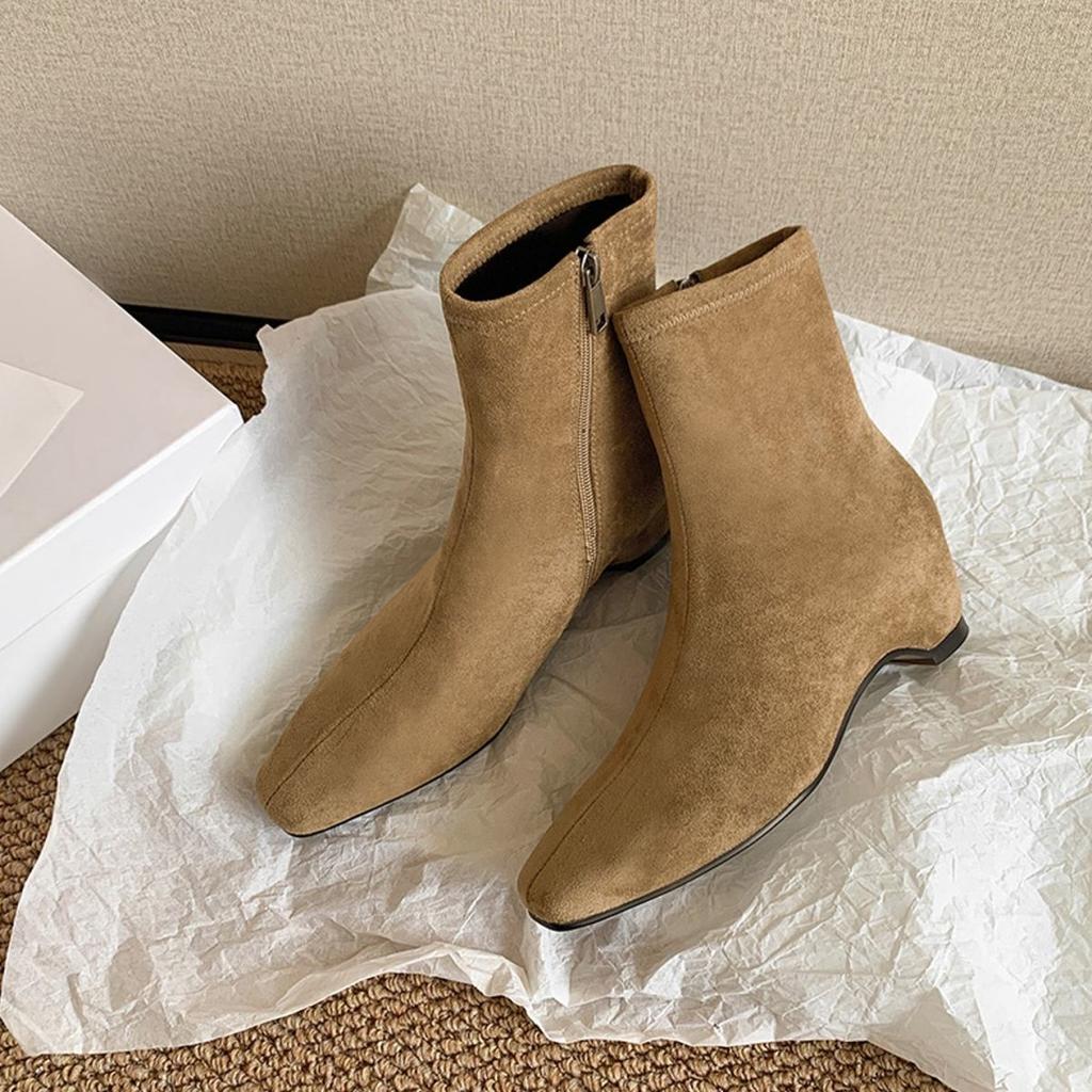 Invisible heightening short bare boots 2025 autumn and winter new retro temperament versatile square head rear zipper thin elastic boots