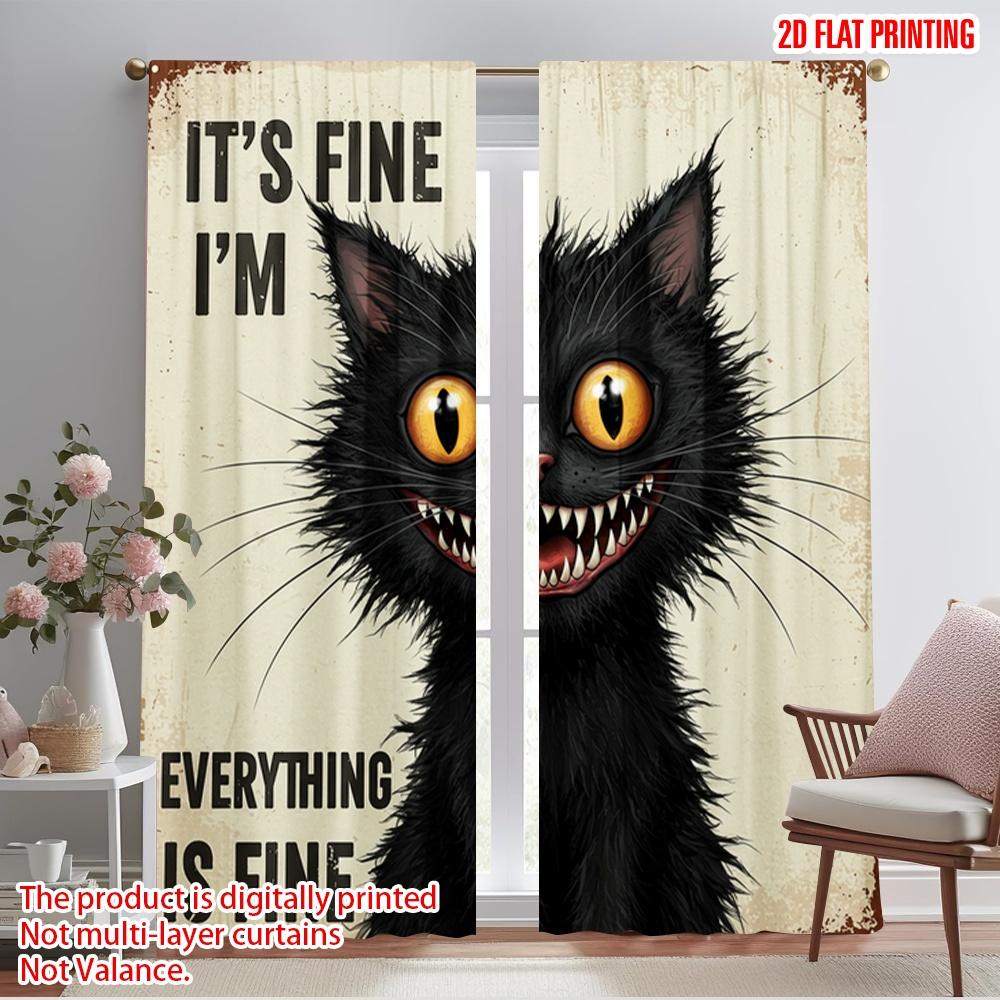 

2pcs 2D flat printing Scene Curtains Black Cat Everything Fine 100% Polyester Fabric Without Electricity Birthday Party Perfect 52.50×116.00 CM 2pcs
