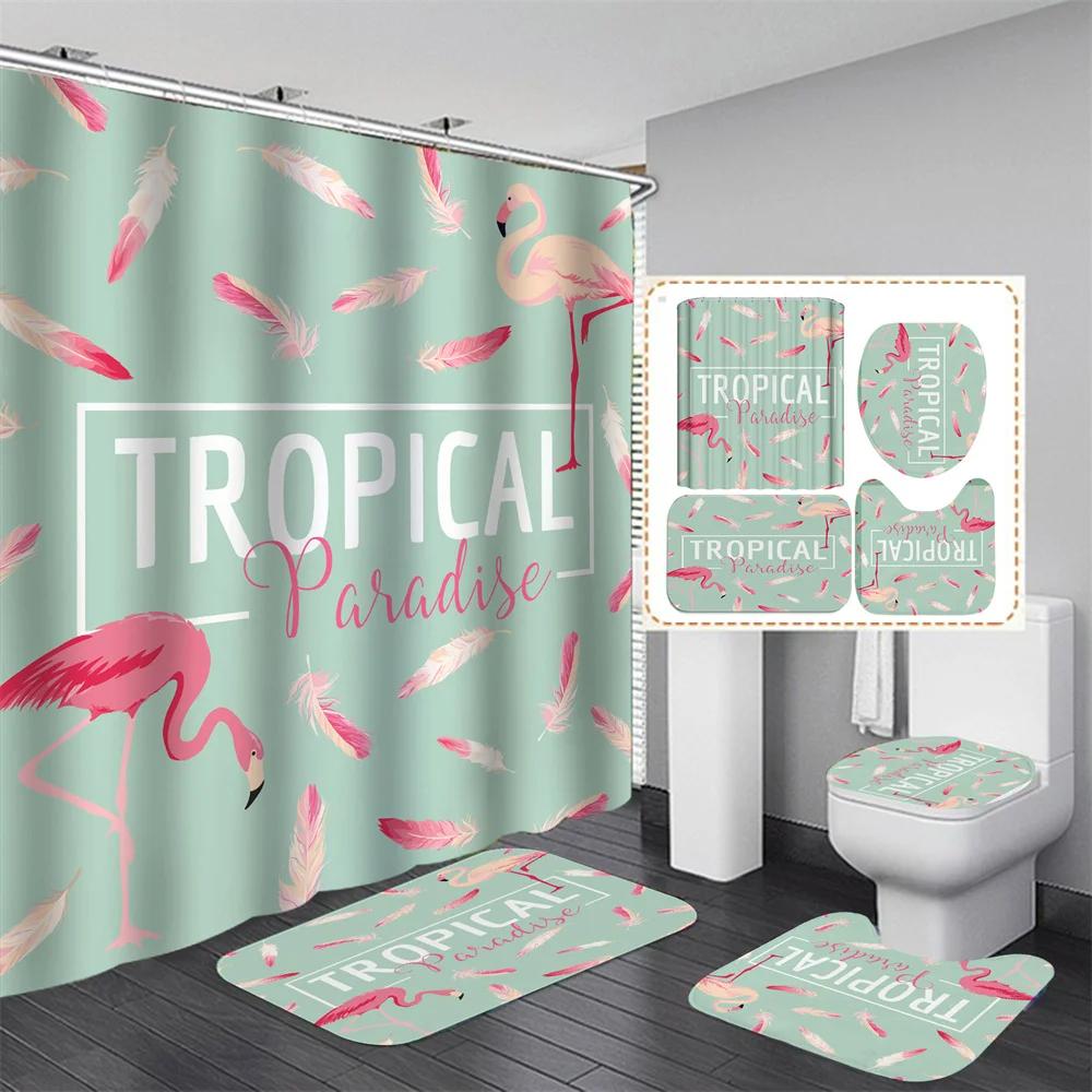 Pink Flamingo Tropical Leaves 3D Hd Shower Curtain Set Waterproof Polyester Bathroom Shower Curtain Set With Mat Non-Slip Rugs