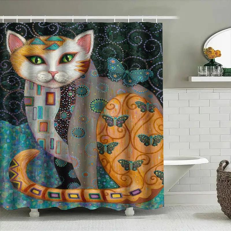 Vibrant Floral Cat Shower Curtain 3D Printed Wall Decor For Bathroom Waterproof Fabric In Multiple Sizes