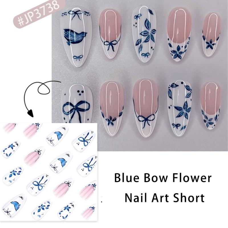 24 Pcs French Tip Press On Nail Short Almond False Nail Bows Full Cover Stick On Nail Blue Flowers Acrylic Nail