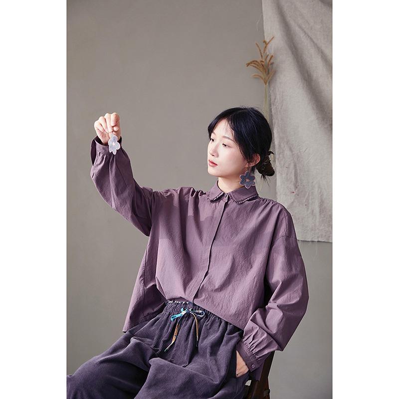 Retro Ash Purple Loose Winter Shirt with Small Lapel