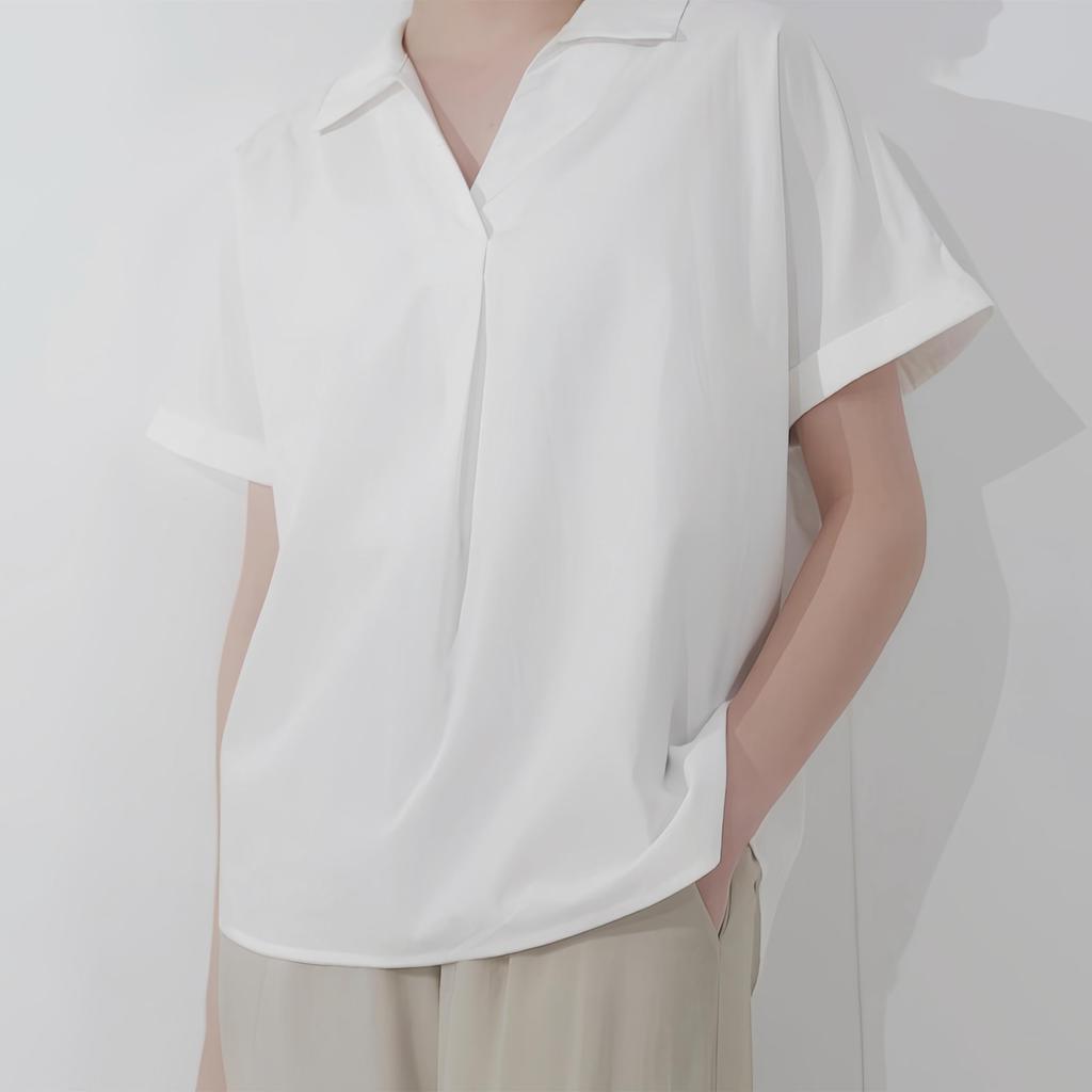 Skipper Blouse for Short Loose Open Office Everyday Highly Large M [SPRING SEAON] Women, Sleeve, Elegant, Summer, Fit, Collar, V-neck, Shirt, Top,