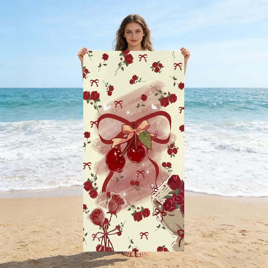 Romantic Cherry&Rose Bow Beach Towel Absorbent Microfiber Quick Dry Sand Resistant Towel For Beach Yoga Swimming Bath Gym Travel