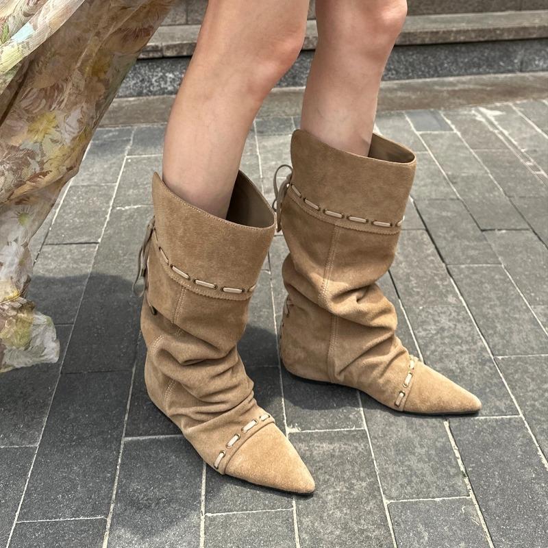 Super soft lambskin~ inner height increase cm suede pleated knight boots women's folding two wear western cowboy boots women's boots